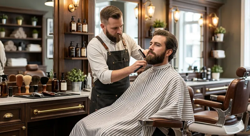Barberare som klipper en kund i en ljus salong